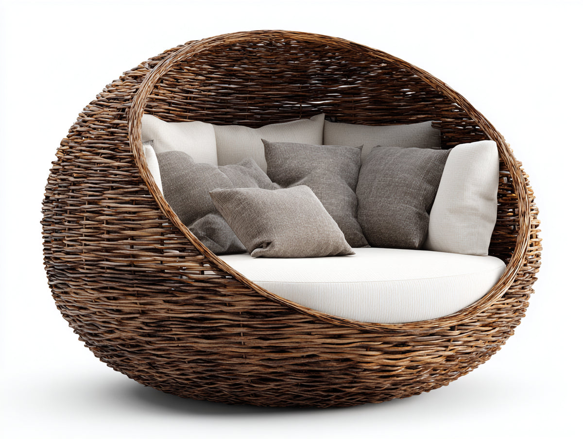 Canapé de jardin - Rotin - 185 x 150 x 135 cm - Naturel-Blanc - Style cocon ovale