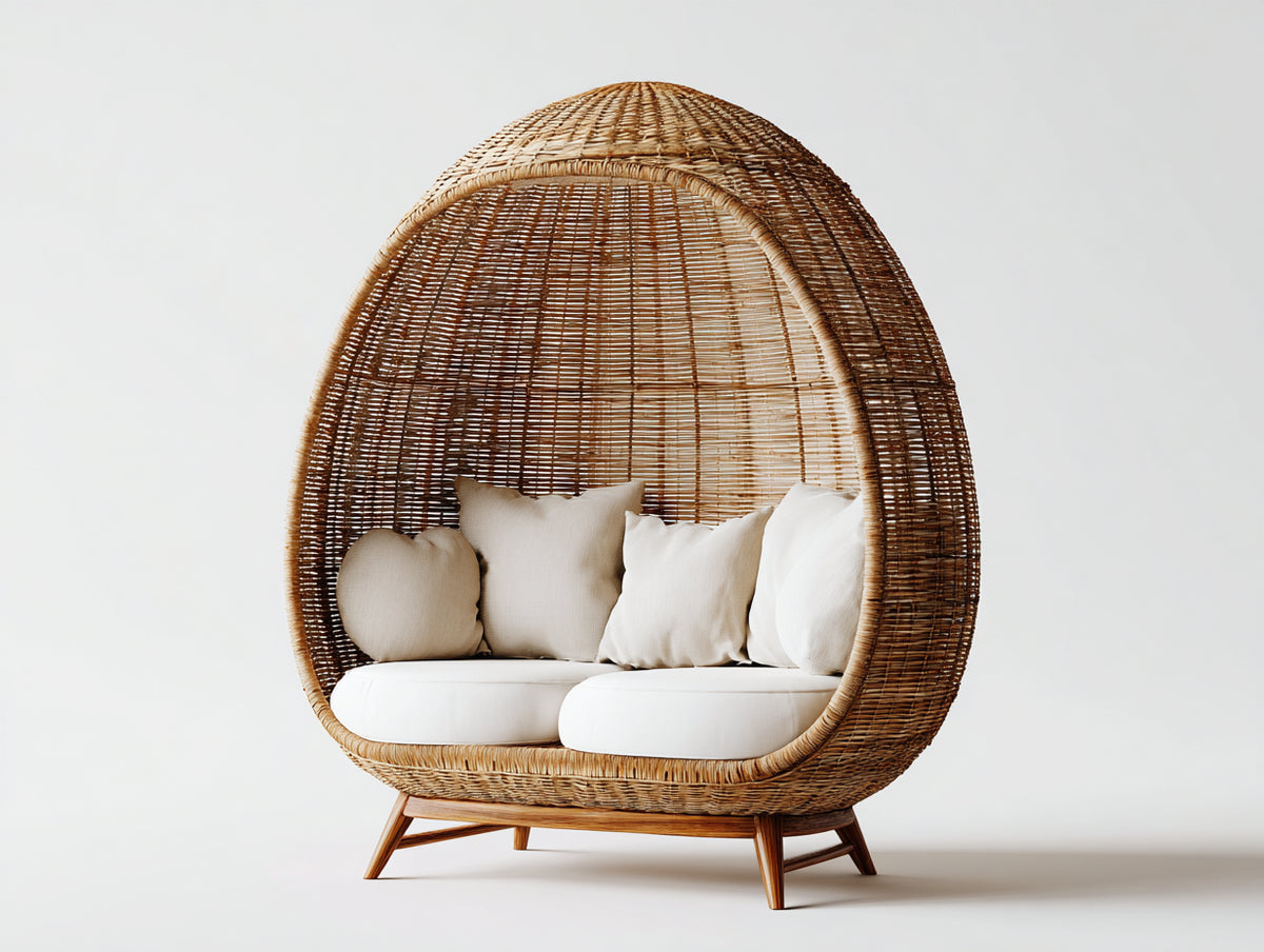 Canapé de jardin - Rotin-Bois - 170 x 95 x 210 cm - Naturel-Crème - Style cocon haut sur pieds
