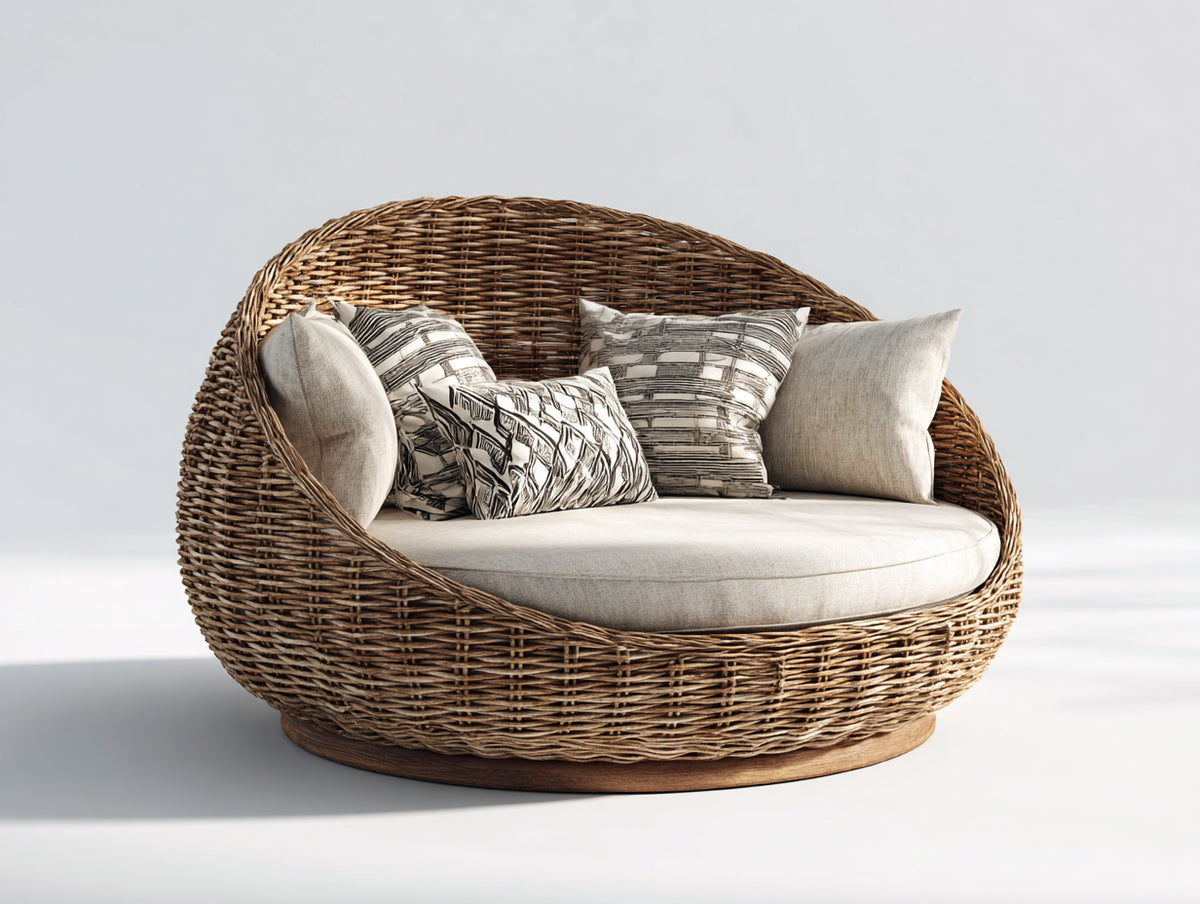 Canapé de jardin - Rotin-Bois - 190 x 150 x 105 cm - Naturel-Crème - Style cocon contemporain