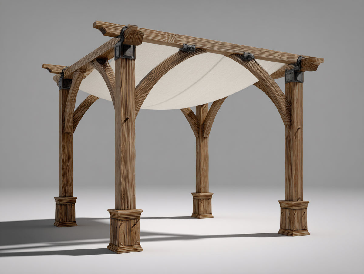 Tonnelle de jardin - Bois-Toile-Métal - 320 x 300 x 260 cm - Marron-Crème - Style pergola à arches