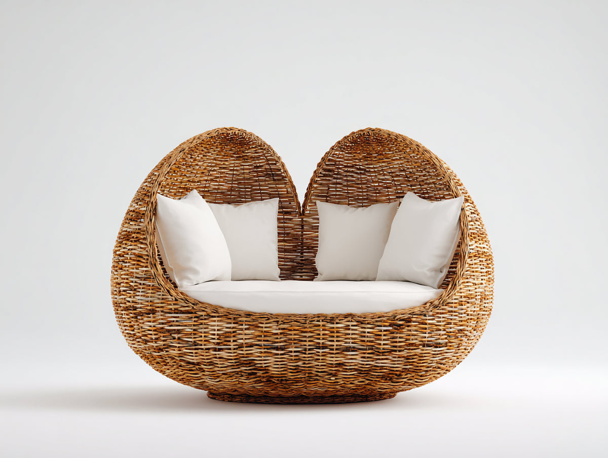 Canapé de jardin - Rotin - 190 x 140 x 125 cm - Naturel-Blanc - Style double cocon arrondi