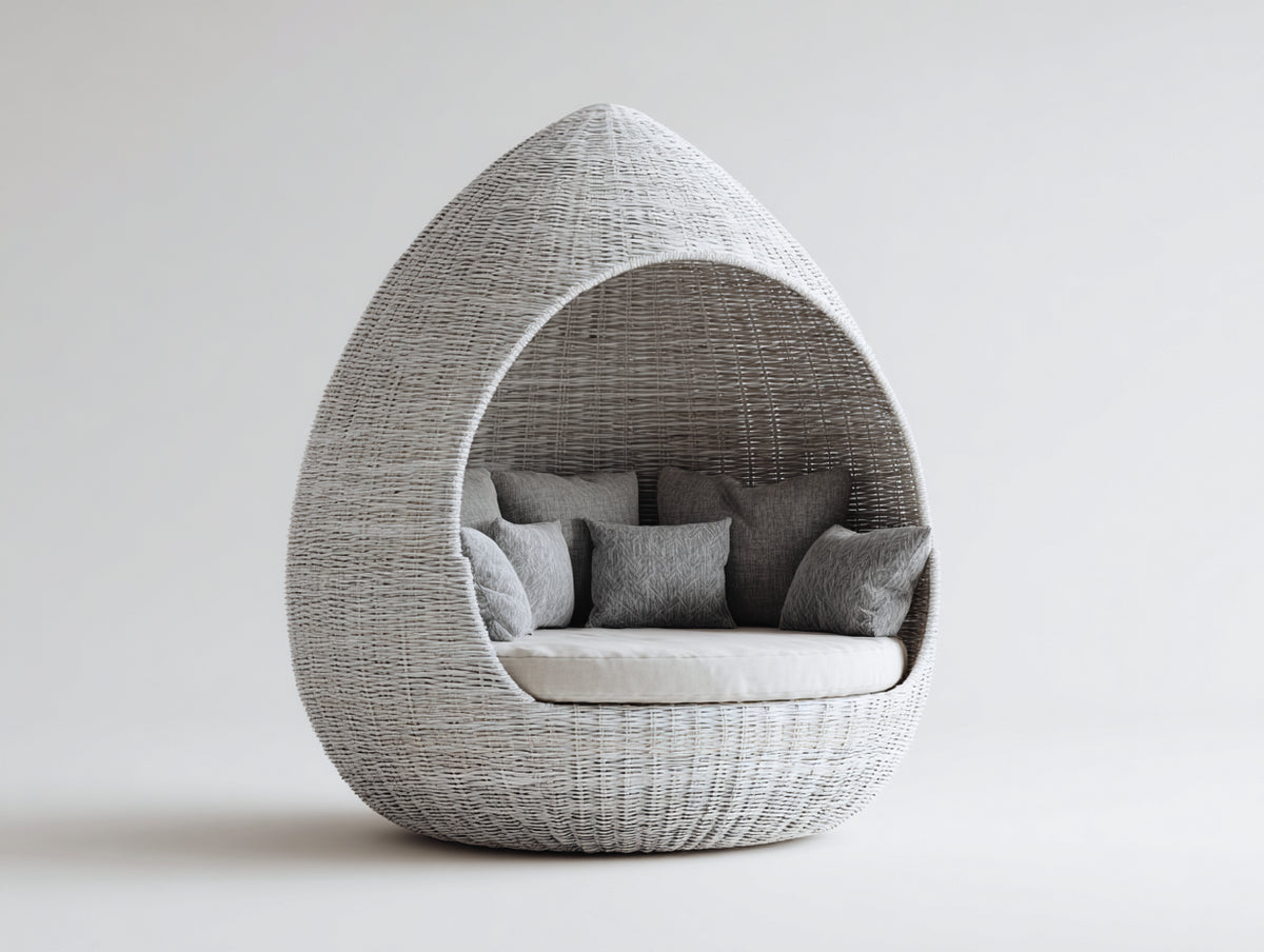 Canapé de jardin - Rotin - 165 x 135 x 205 cm - Blanc-Gris - Style cocon goutte d'eau