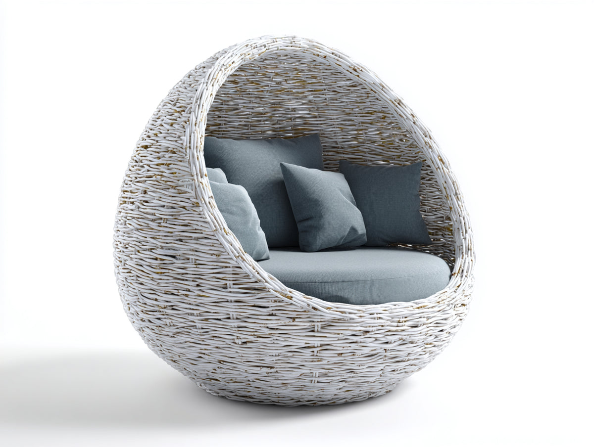 Canapé de jardin - Rotin - 150 x 130 x 155 cm - Blanc-Gris - Style cocon arrondi