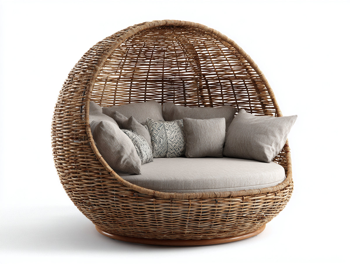 Canapé de jardin - Rotin-Bois - 185 x 150 x 175 cm - Naturel-Beige - Style cocon voûté