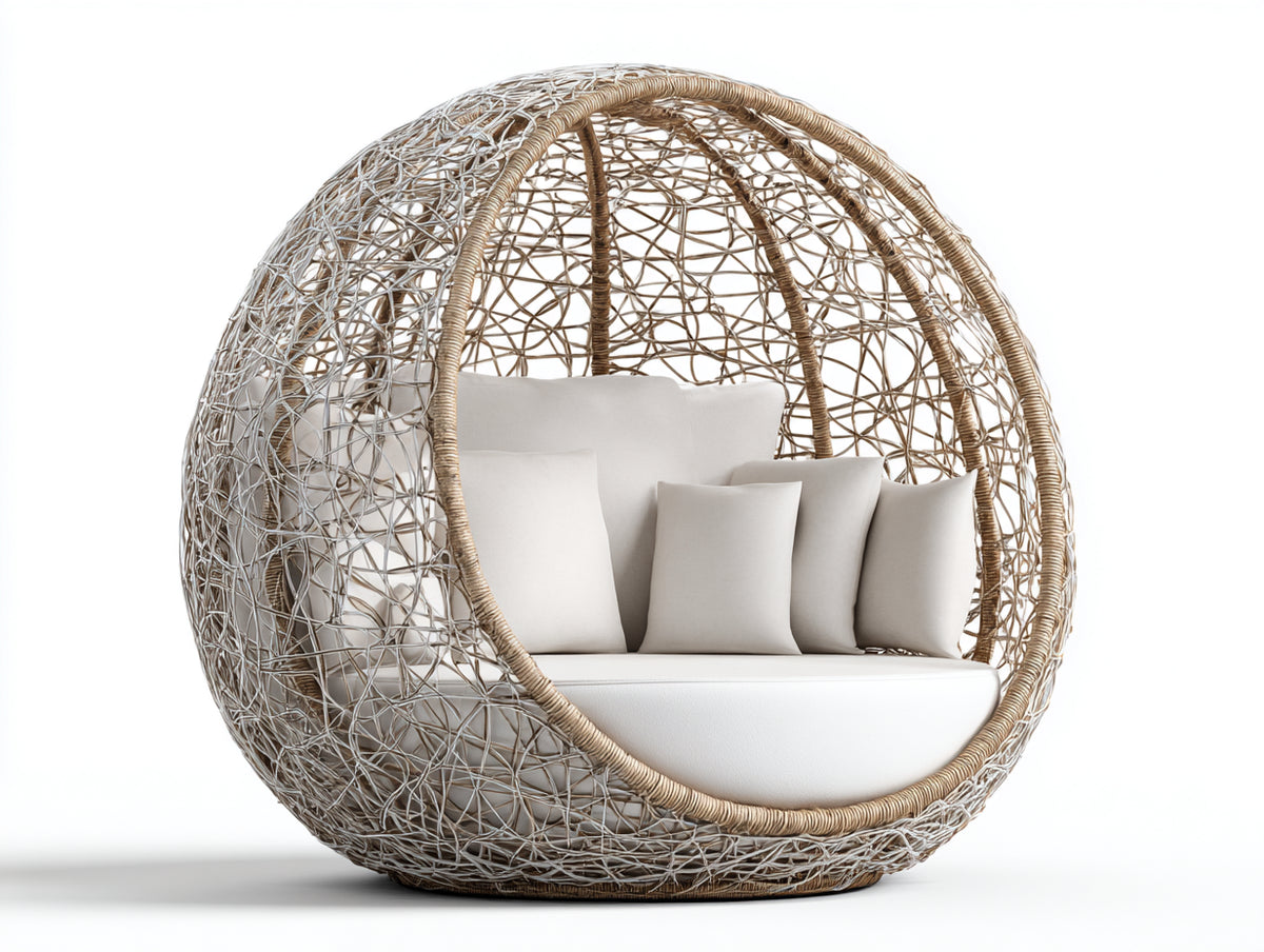 Canapé de jardin - Rotin - 175 x 135 x 180 cm - Naturel-Blanc - Style cocon ajouré
