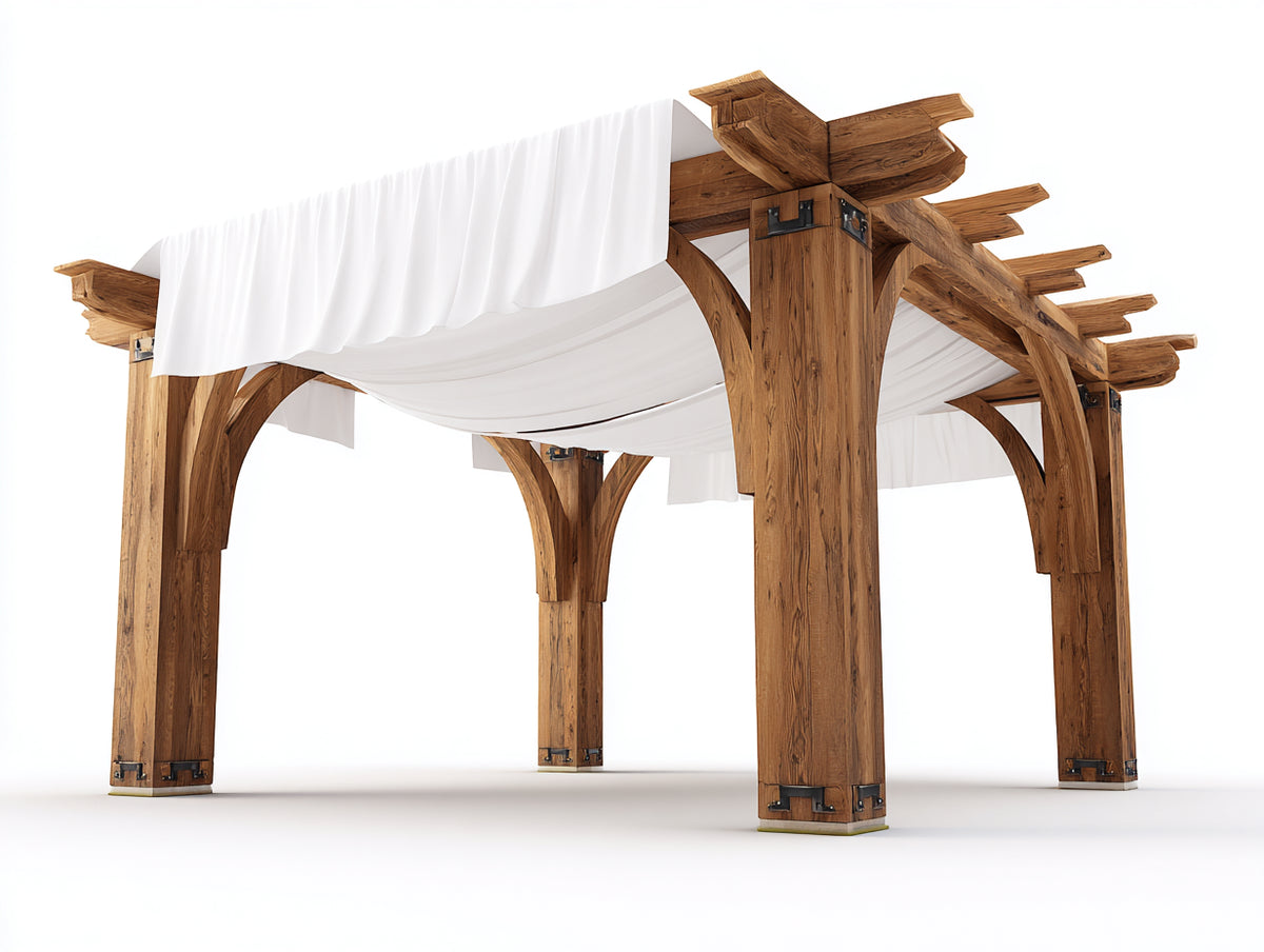 Tonnelle de jardin - Bois-Toile-Métal - 360 x 300 x 270 cm - Marron-Blanc - Style rustique à toit drapé