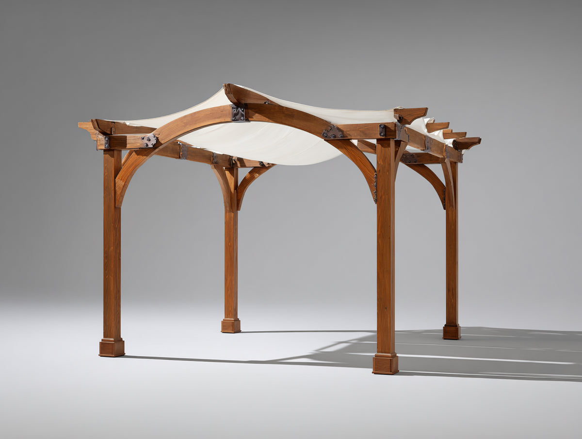 Tonnelle de jardin - Bois-Toile - 300 x 300 x 260 cm - Marron-Blanc - Style pergola à toit courbé