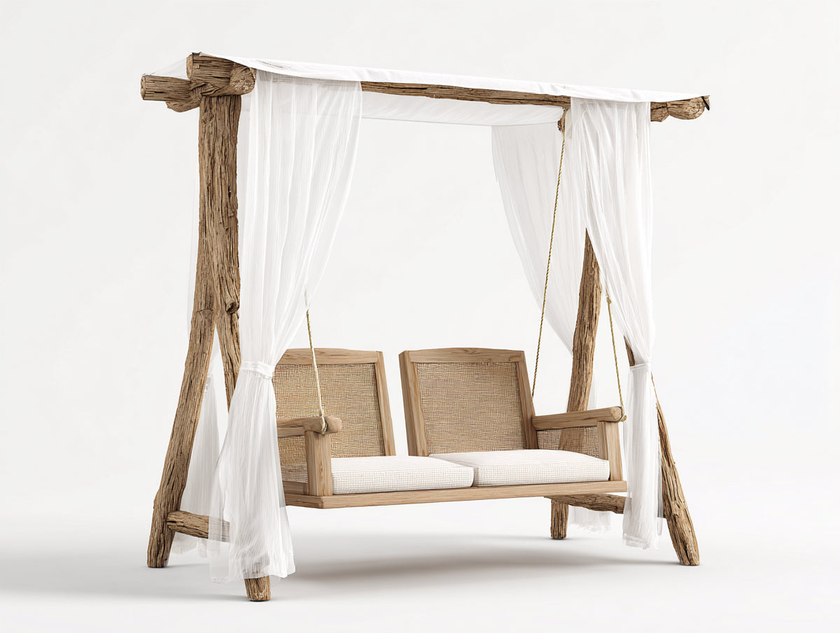 Balancelle de jardin - Bois-Métal-Tissu - 220 x 140 x 210 cm - Bois naturel-Blanc - Style bohème