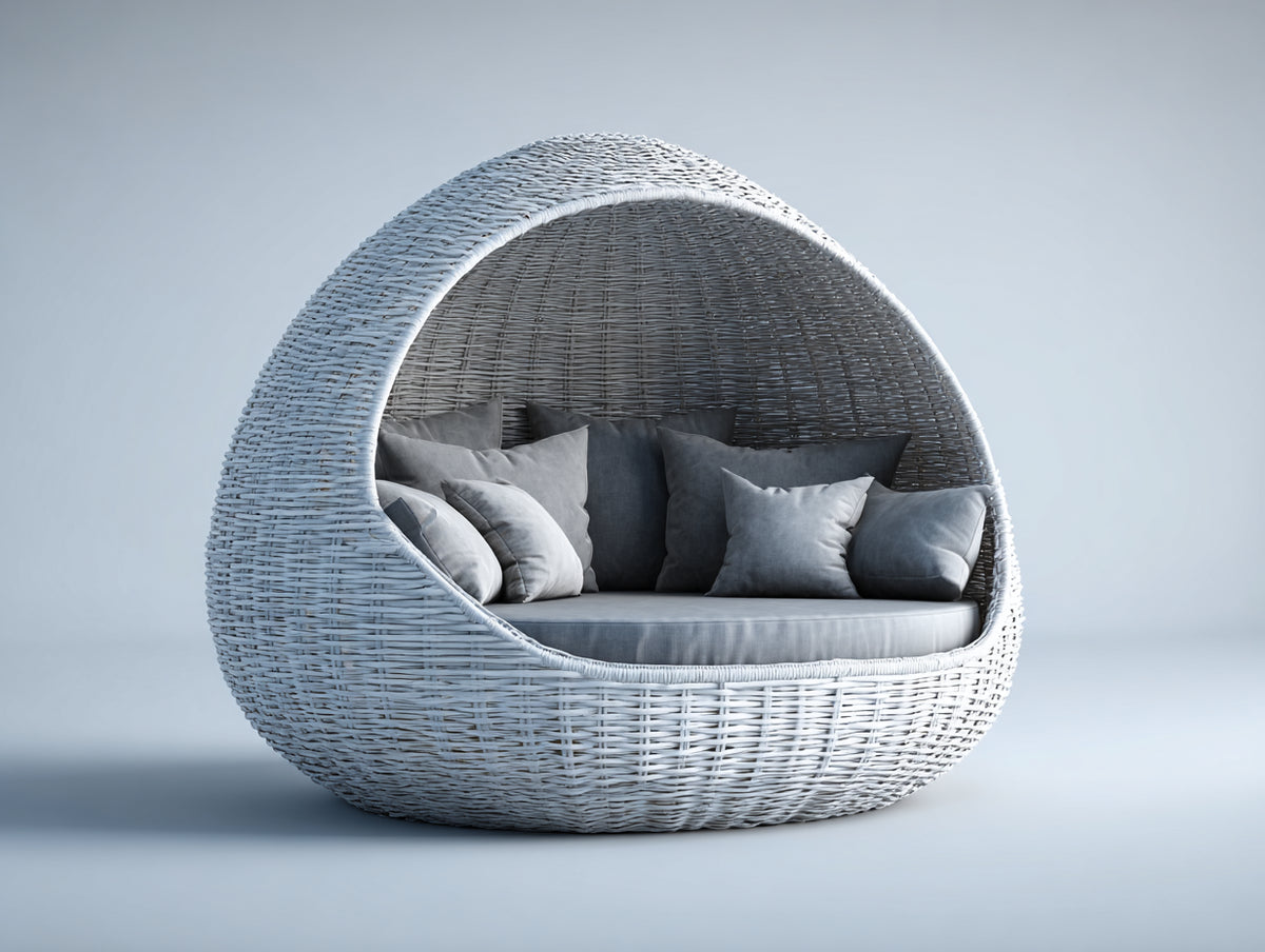 Canapé de jardin - Rotin - 195 x 155 x 165 cm - Blanc-Gris - Style cocon ovale