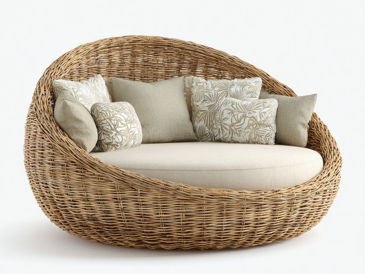 Canapé de jardin - Rotin - 180 x 120 x 90 cm - Beige-Naturel - Style bohème arrondi