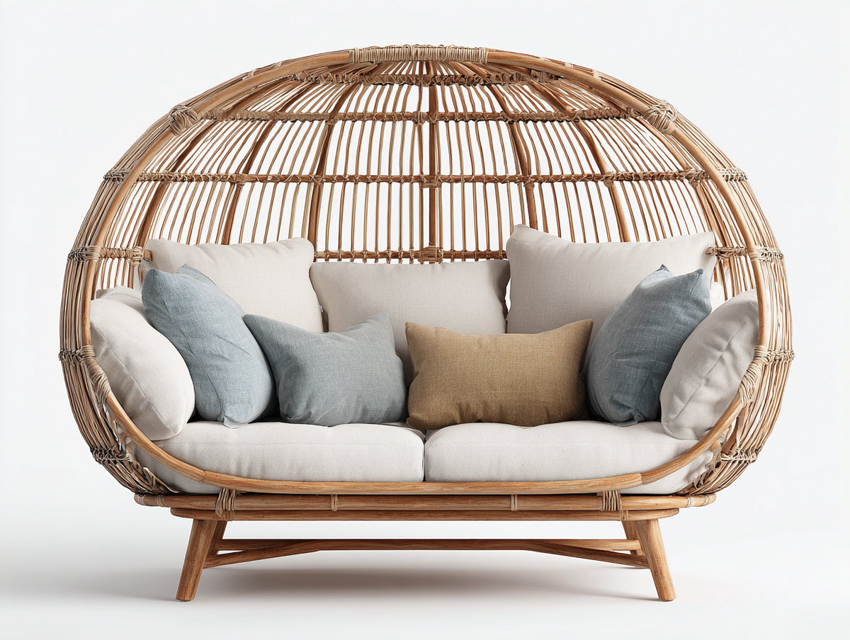 Canapé de jardin - Rotin-Bois - 200 x 95 x 180 cm - Naturel-Crème - Style cocon sur pieds